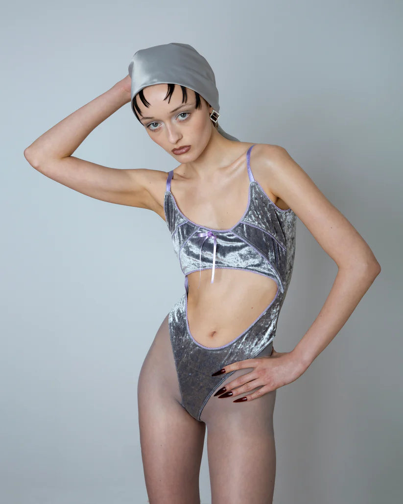 Cut-out grey velvet bodysuit